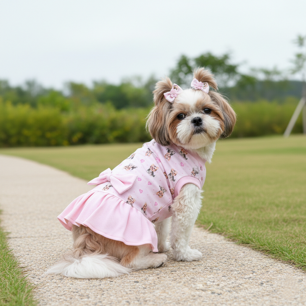 Vestidinho Pet Estampada Rosa Laço Detalhe em Babado Fêmea Raças Pequenas Verão