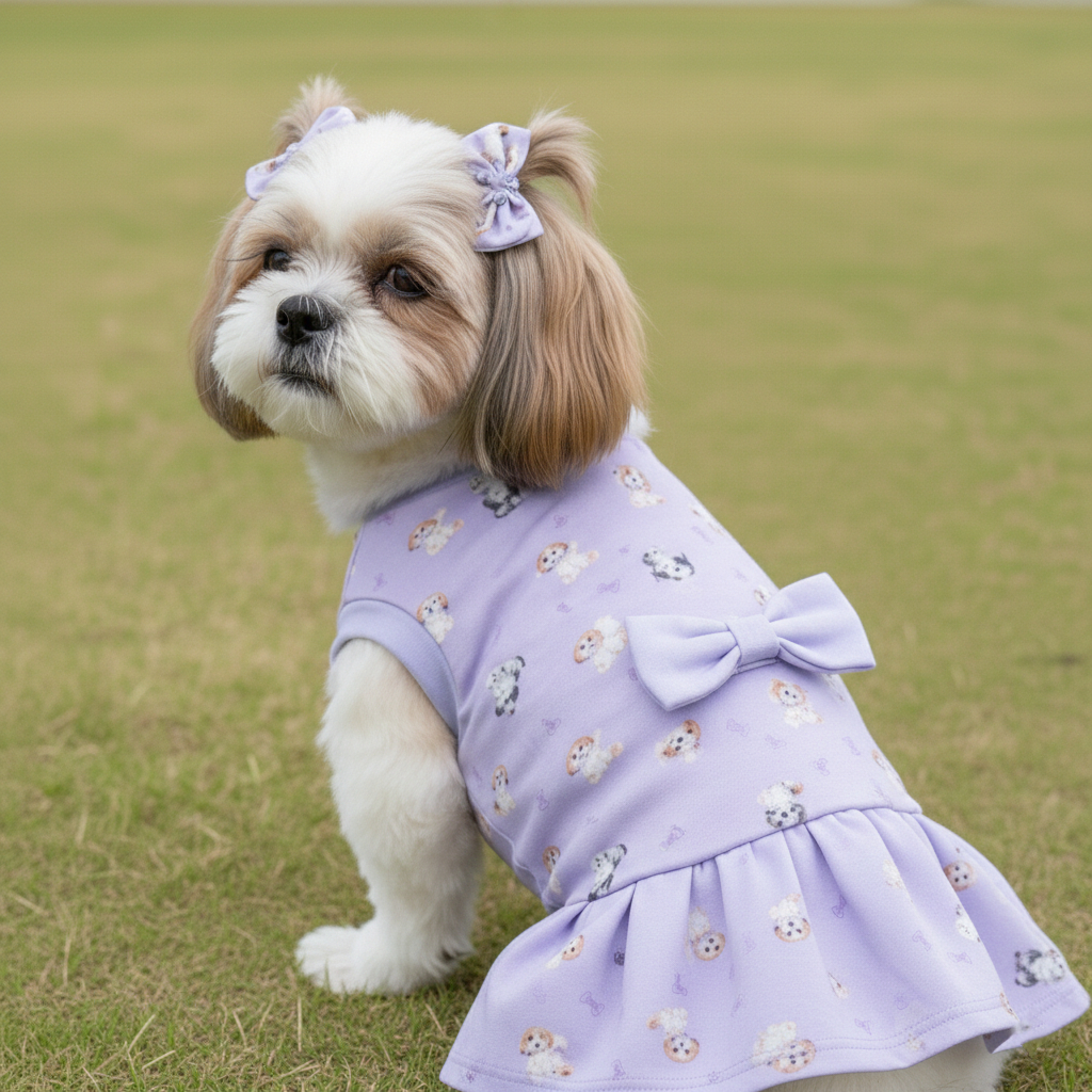 Roupa Pet ilhasa Apso Roxa Estampada com Laço Babado para Cachorra Porte Pequeno Verão Leve Luxo