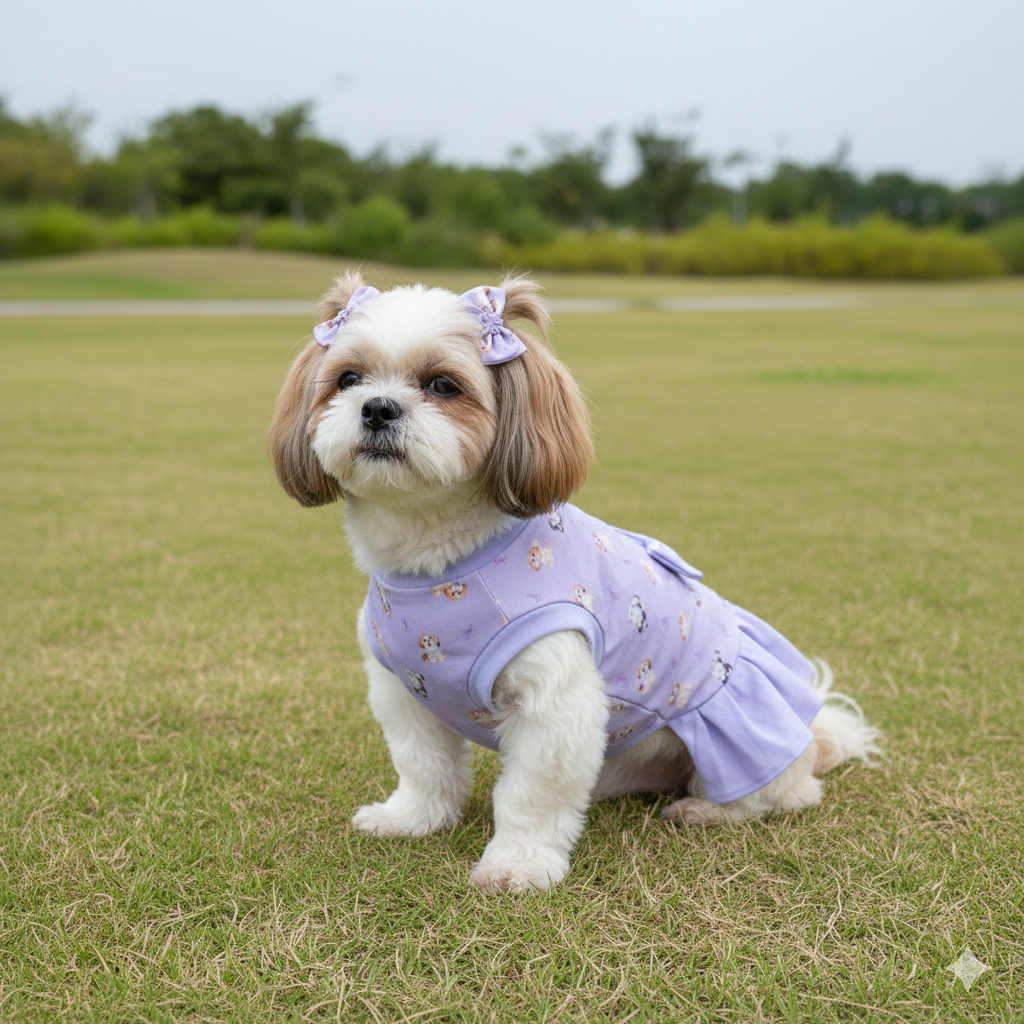 Vestido Para Cachorra Roxa Estampada com Laço e Babado Canina Fêmea Porte Pequeno Verão Luxo