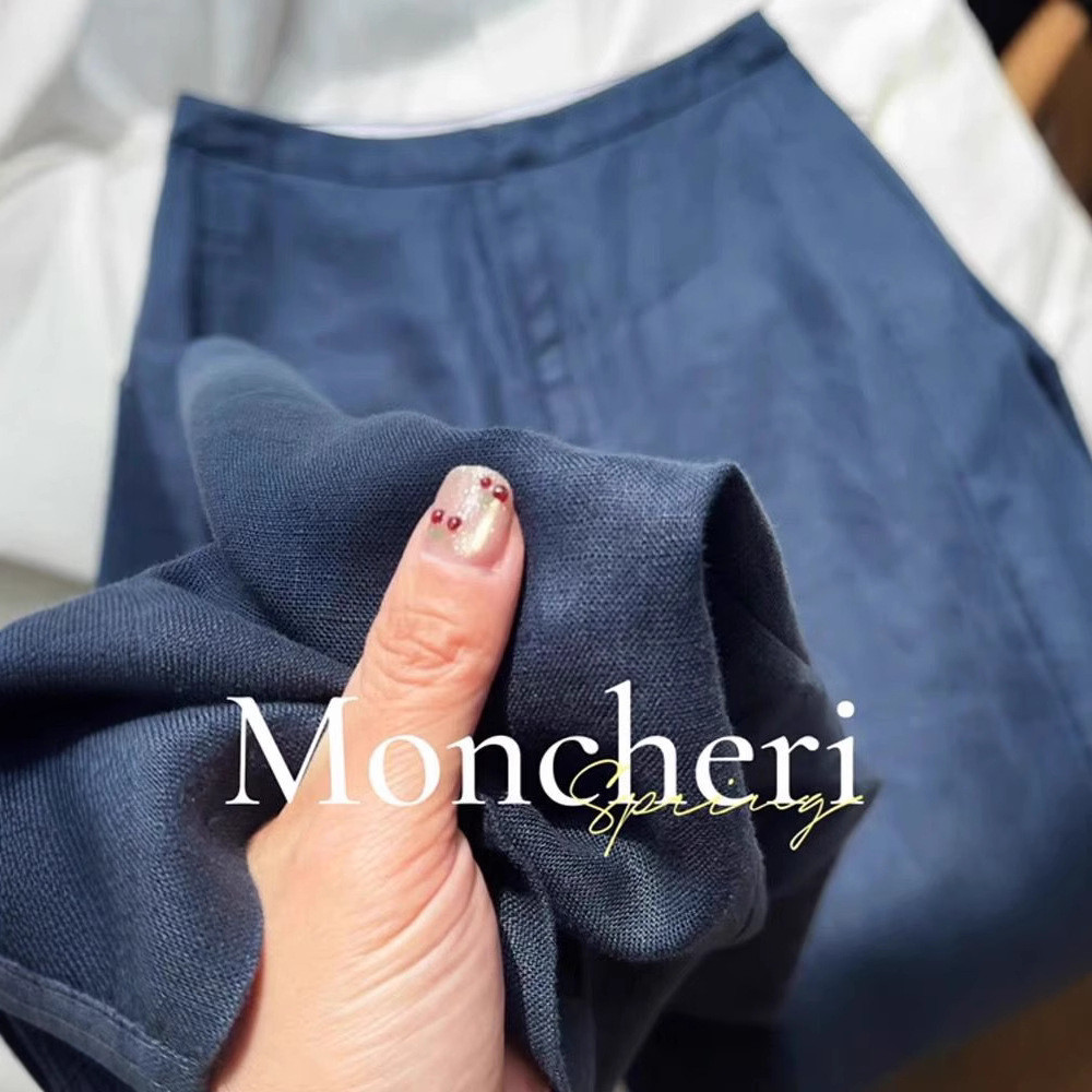 Spring/Summer High-End Dark Blue Casual Linen Pants, Simple, Breathable, Cool, Straight-Leg Trousers