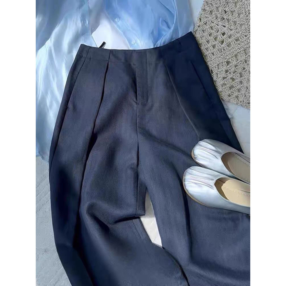 Old Money Style Navy Blue Casual Pants, Summer High-Waisted Pleated Fashionable Linen Suit Pants that Don't Cling to the
