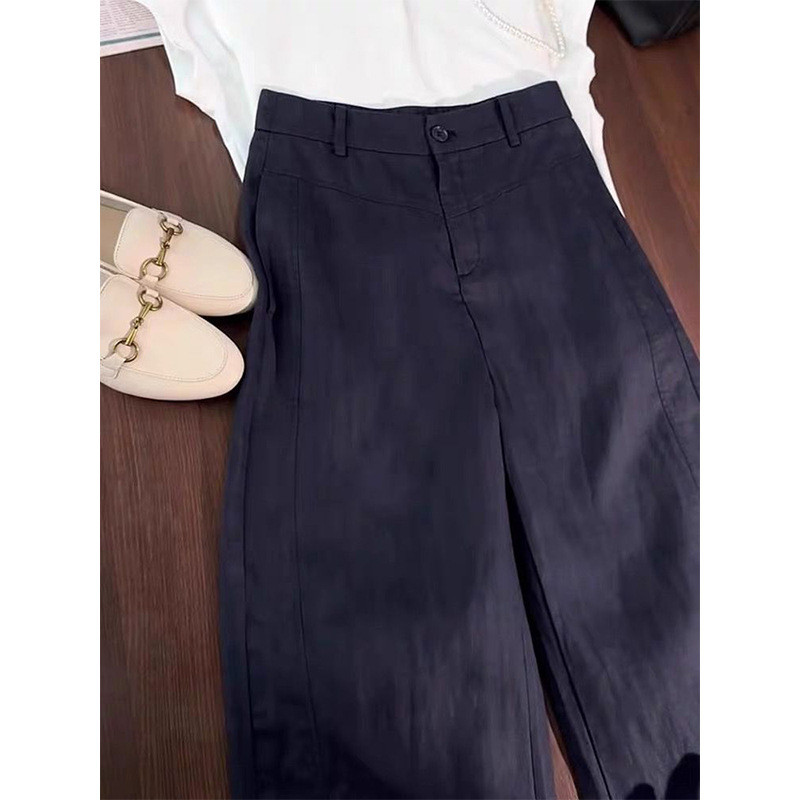 2025New high-waisted straight loose casual slimming navy blue linen ice silk wide-leg pants for women, summer thin style