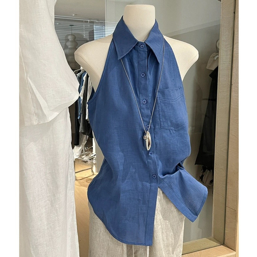 Blue linen sleeveless shirt for women, summer old money style, off-shoulder vest, high-end linen fabric, elegant collare
