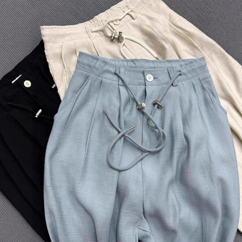Blue linen wide-leg pants for pear-shaped body, slimming, lightweight, breathable, thin wide-leg pants for summer