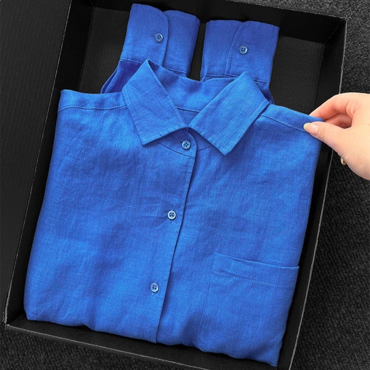Klein blue linen shirt for women, suitable for layering or wearing alone in summer, versatile top