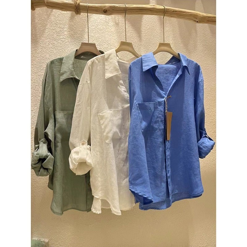 Old Money Style Linen Collar Klein Blue Sun Protection Shirt for Women, Summer Thin Loose Casual Cover-Up Breathable Top