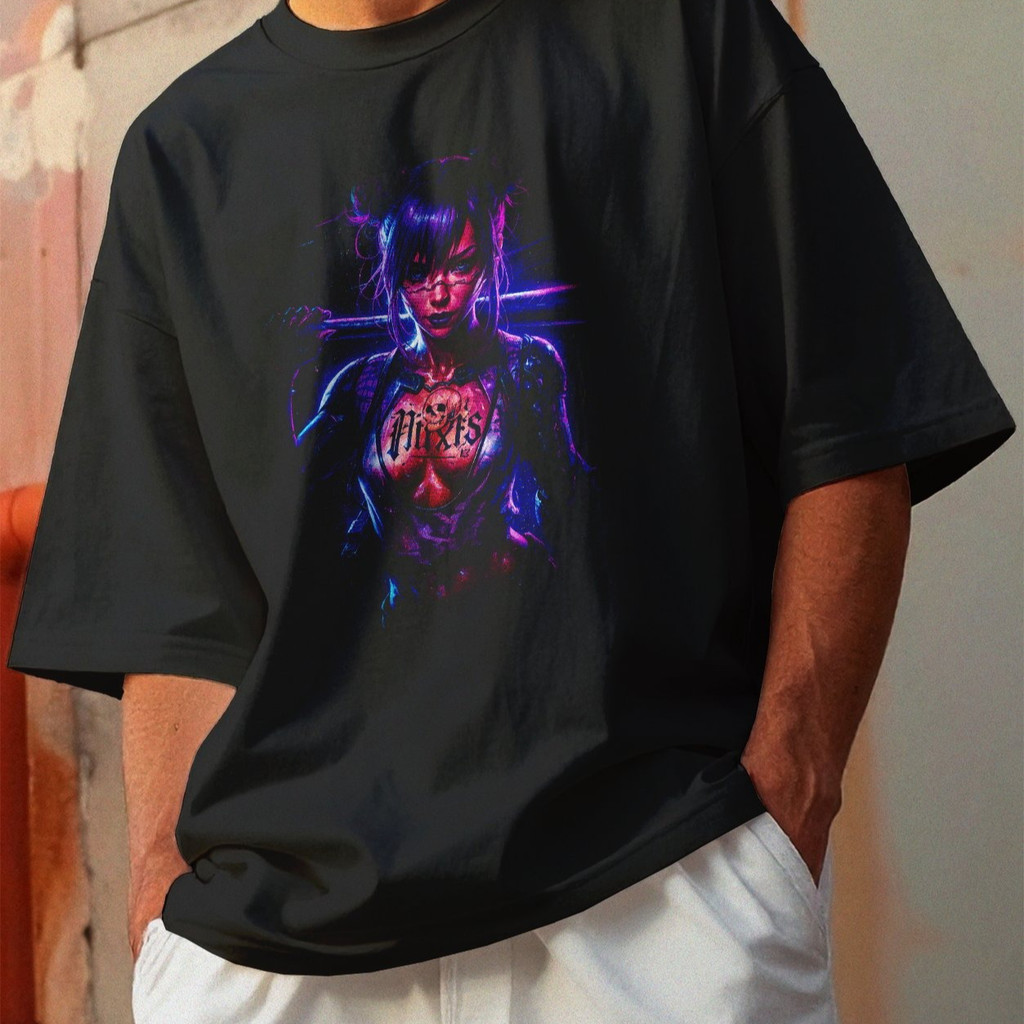 Camiseta Oversized Gola Alta Streetwear Algodão Estilo Urbano Treino Casual Preto Estamp Todas Ocasiões CYBERPUNK 42
