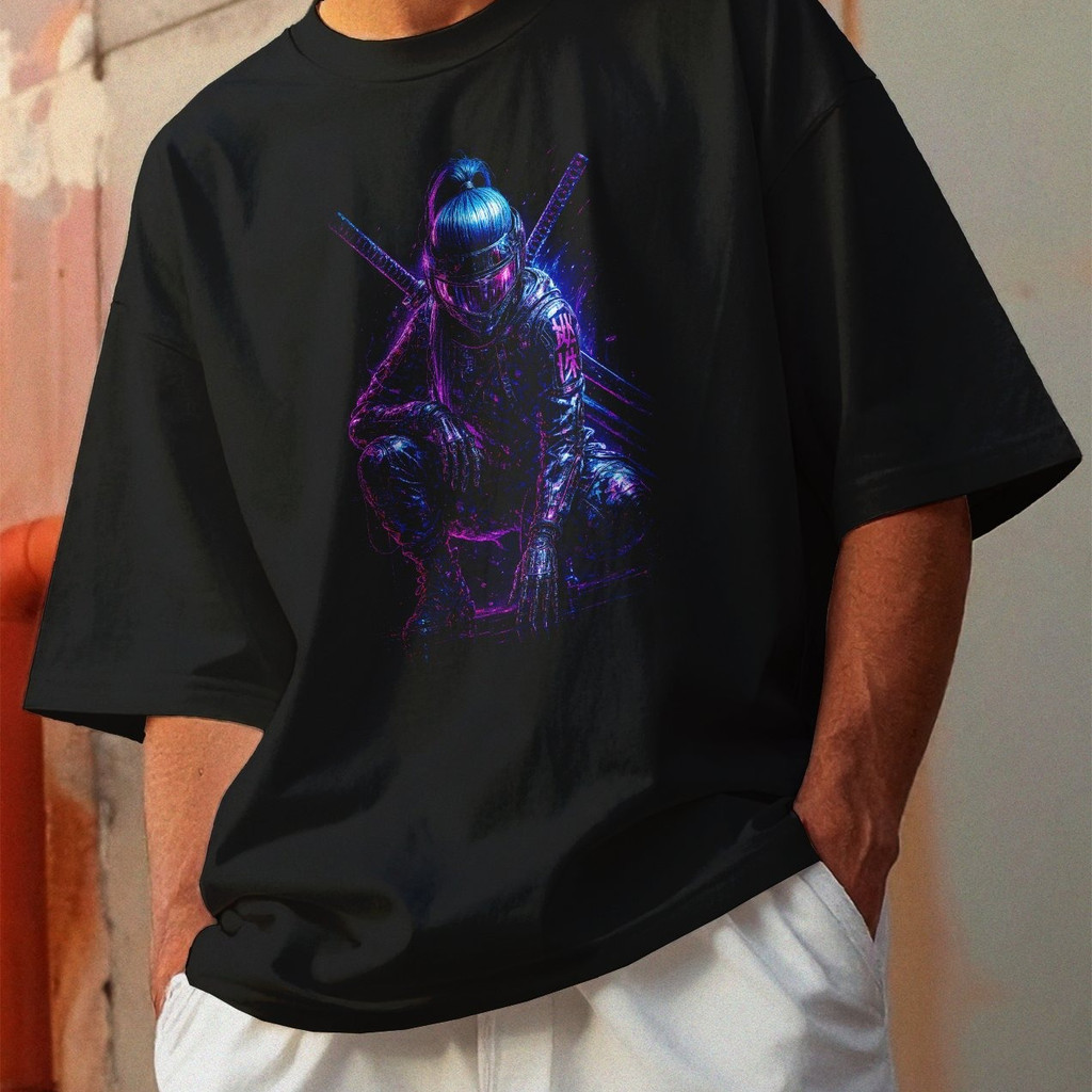Camiseta Oversized Gola Alta Streetwear Algodão Estilo Urbano Treino Casual Preto Estamp Todas Ocasiões CYBERPUNK 06