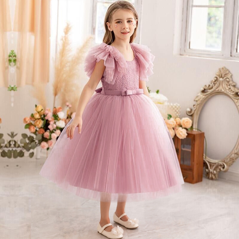 Baby Girls Ruffled Sleeves Lace Embroidery Birthday Party Princess Tutu Dress Tulle Mesh Graduation Evening Ball Gown