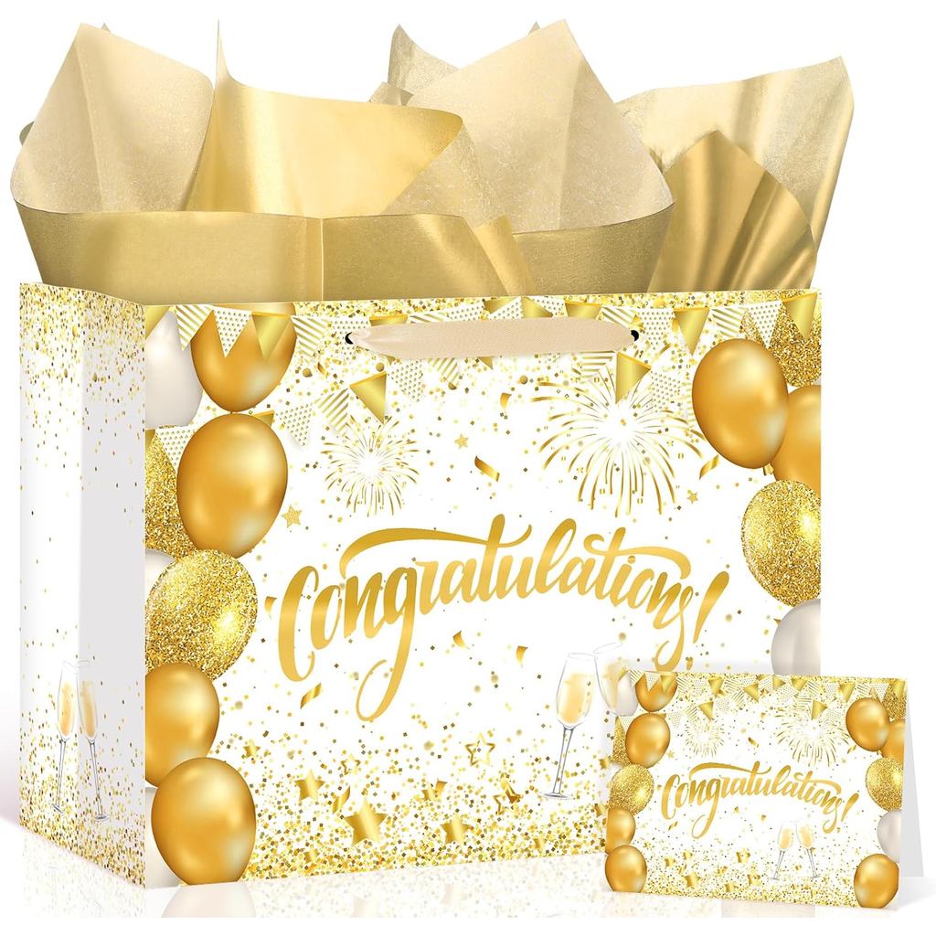 White Gold Graduation Gift Bag Class of 2026 Graduation Party Supplies Congratulations Gift Bag with Wrapping Paper and