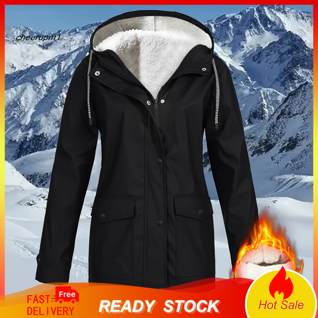 Solid Color Cotton Jacket Women Coat Polyester Women’s Fleece Zip-up Hoodie Windproof Sherpa Lined Warm Outdoor Hiking