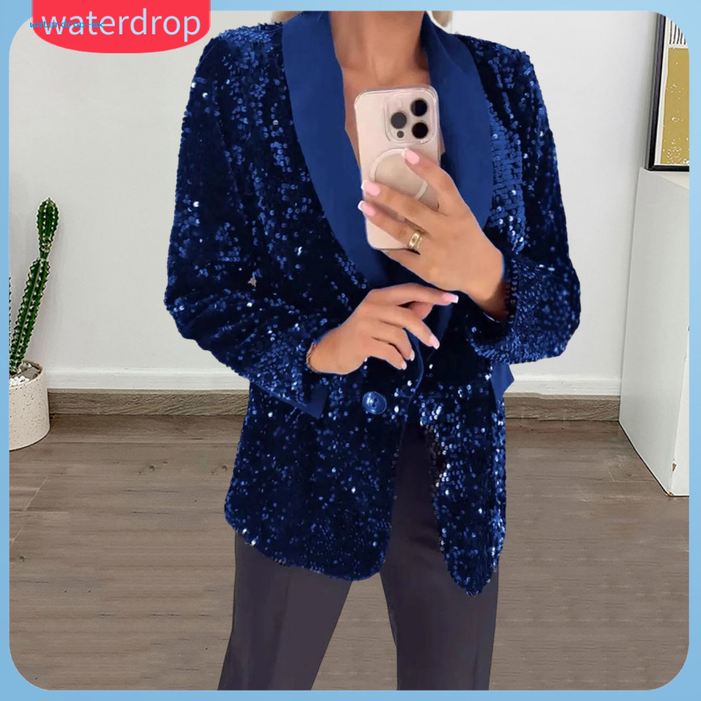 Women’s Glitter Sequin Suit Jacket Long Sleeve Lapel Blazer Button Front Autumn Winter Business Party Coat Stylish Str