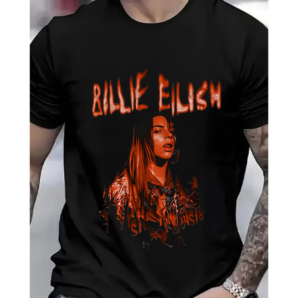 [Camiseta Premium em Algodão Puro]GXG Homem Short - Sleeve Billie Eilish Pop - Art Moderno Teenager Casual Preto