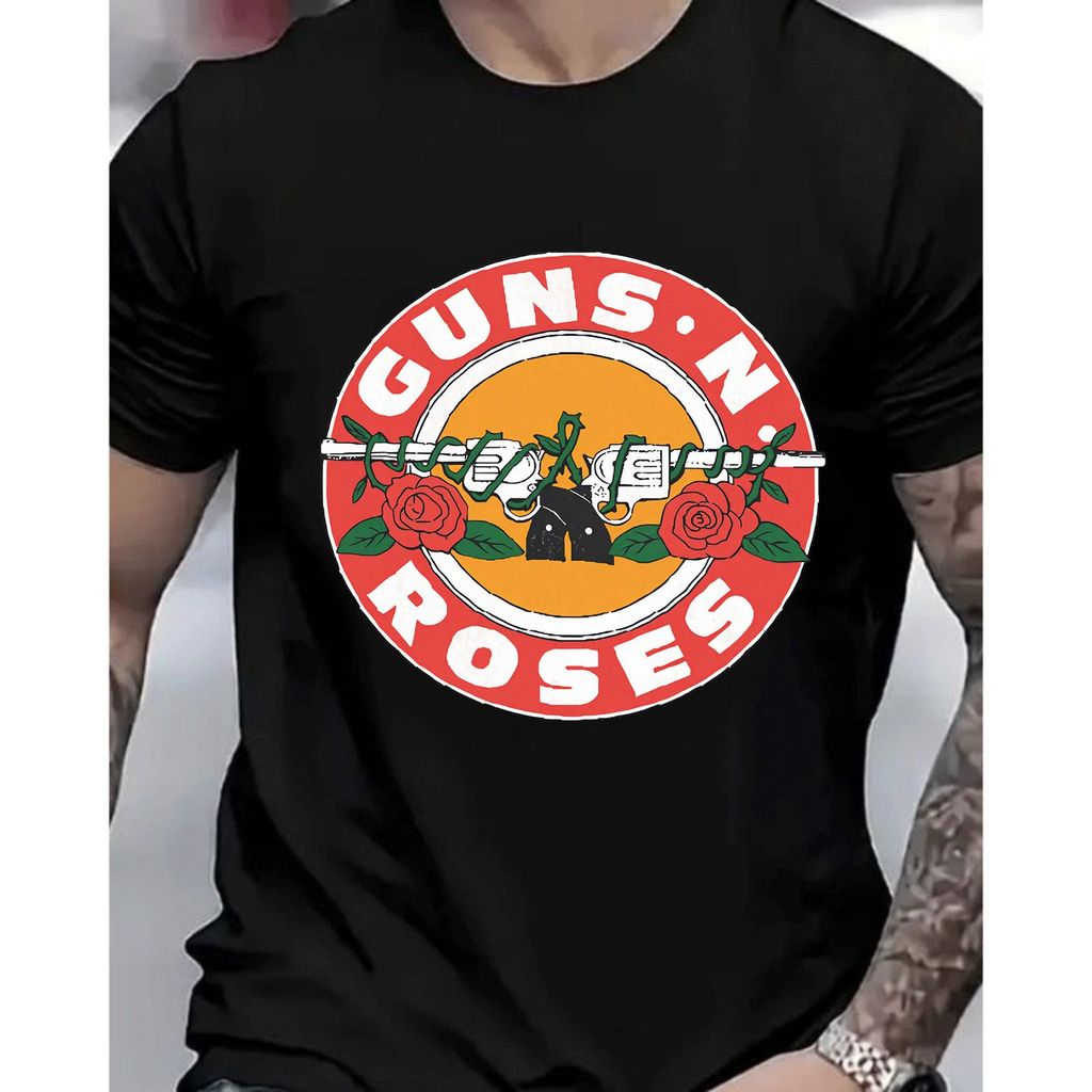 [Camiseta Premium em Algodão Puro]GXG Masculina Short - Sleeve Guns N' Roses Rock Estilo Teenager Preto