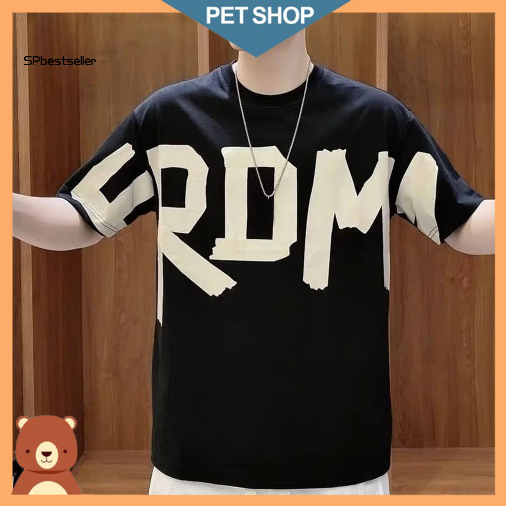 Men Letter Print T-shirt Loose Summer Men’s Fit Round Neck Short Sleeve Lightweight Pullover for Youth Teenagers – P