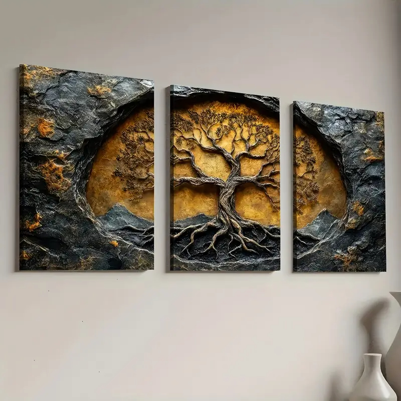 Conjunto 3 Quadros Raízes Geométrico Autocolante Envio Rápido MDF Decoração Sala Industrial Luxo