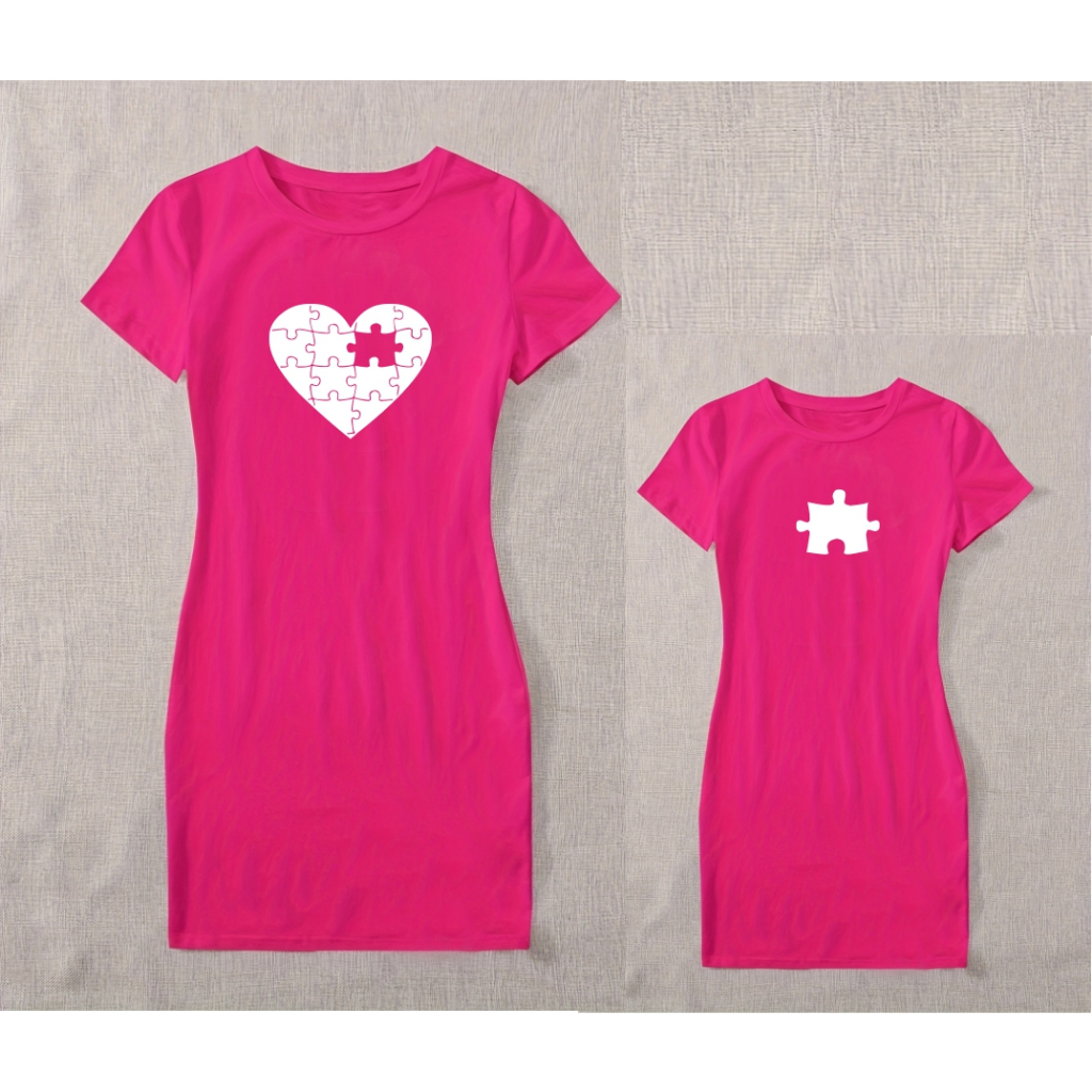 Kit Tal mãe Tal filha Vestido Camiseta / Camisetão quebra cabeça faltando peça Combinando iguais. PINK