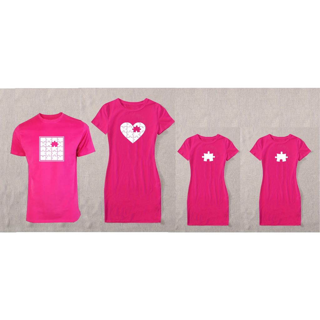 Kit camiseta vestido familia pai mae e filha quebra cabeça faltando peça PINK