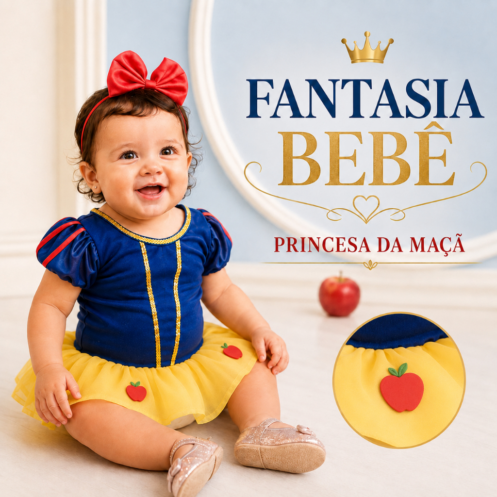 Vestido Fantasia Bebê Princesa branca de neve Body temáticopara Festa e Mesversário