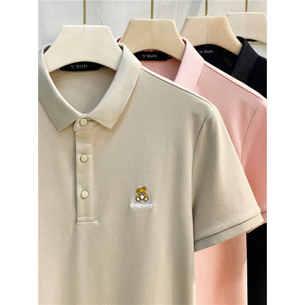 Simples urso bordado bonito lapela High-End camisa Polo masculina na moda Street Wear verão líder camiseta masculina man