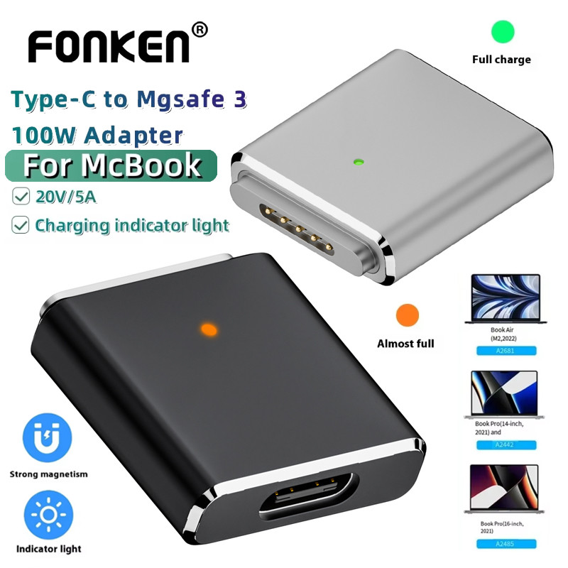Fonken 100W Adaptador Tipo-C Fêmea para Magsafe 3 Macho Cabo Conversor de Carregamento Rápido PD3.1 para (Mac)Book Air