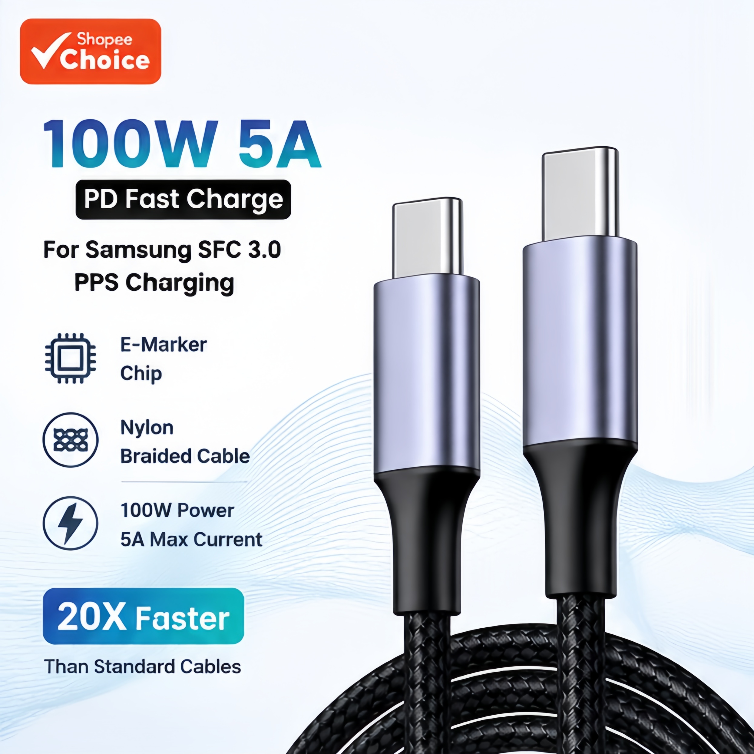Cabo USB-C para C 100W 5A PD3.0 de carregamento rápido em nylon trançado com PPS SFC3.0 para Laptop iPhone Samsung