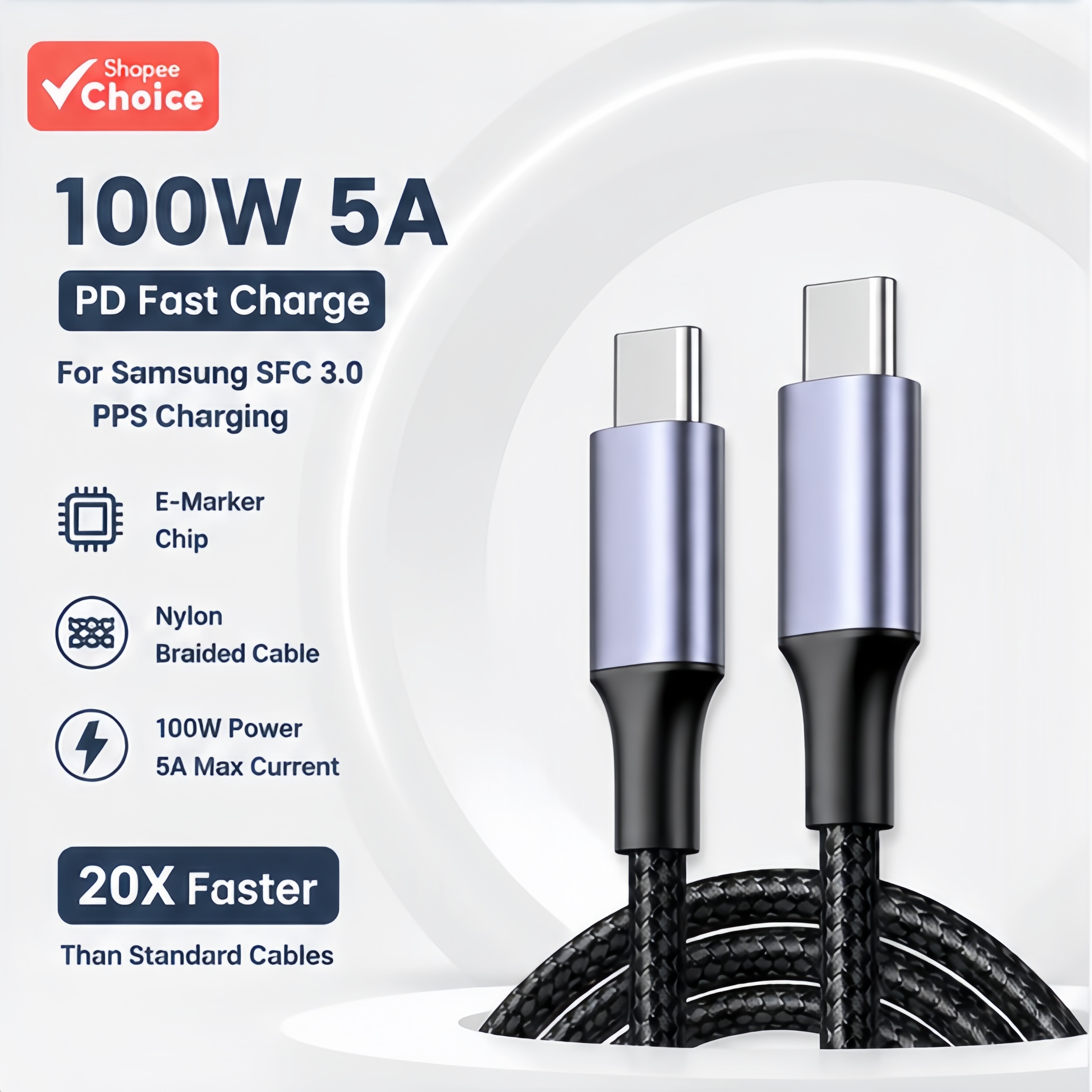 Cabo Premium USB-C para C 100W 5A PD3.0 Carregamento Rápido Trançado para iPhone 15-17 MacBook Laptop Samsung
