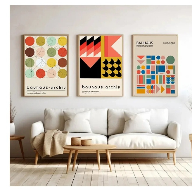 Quadros decorativos Abstract Pink Orange Bauhaus Geometric (3 peças)