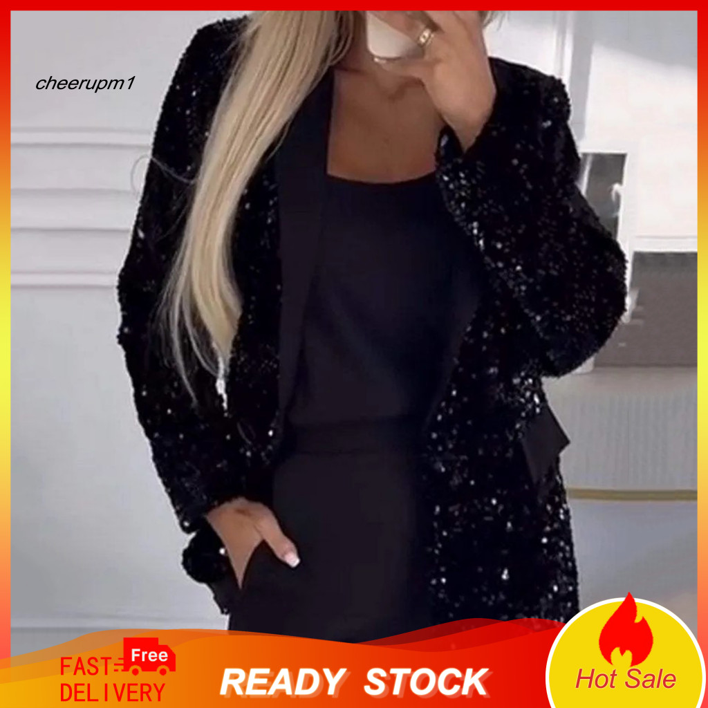 Sequin Suit Coat Button Jacket Women’s Glitter Long Sleeve Lapel Blazer Front Autumn Winter Business Party Stylish for