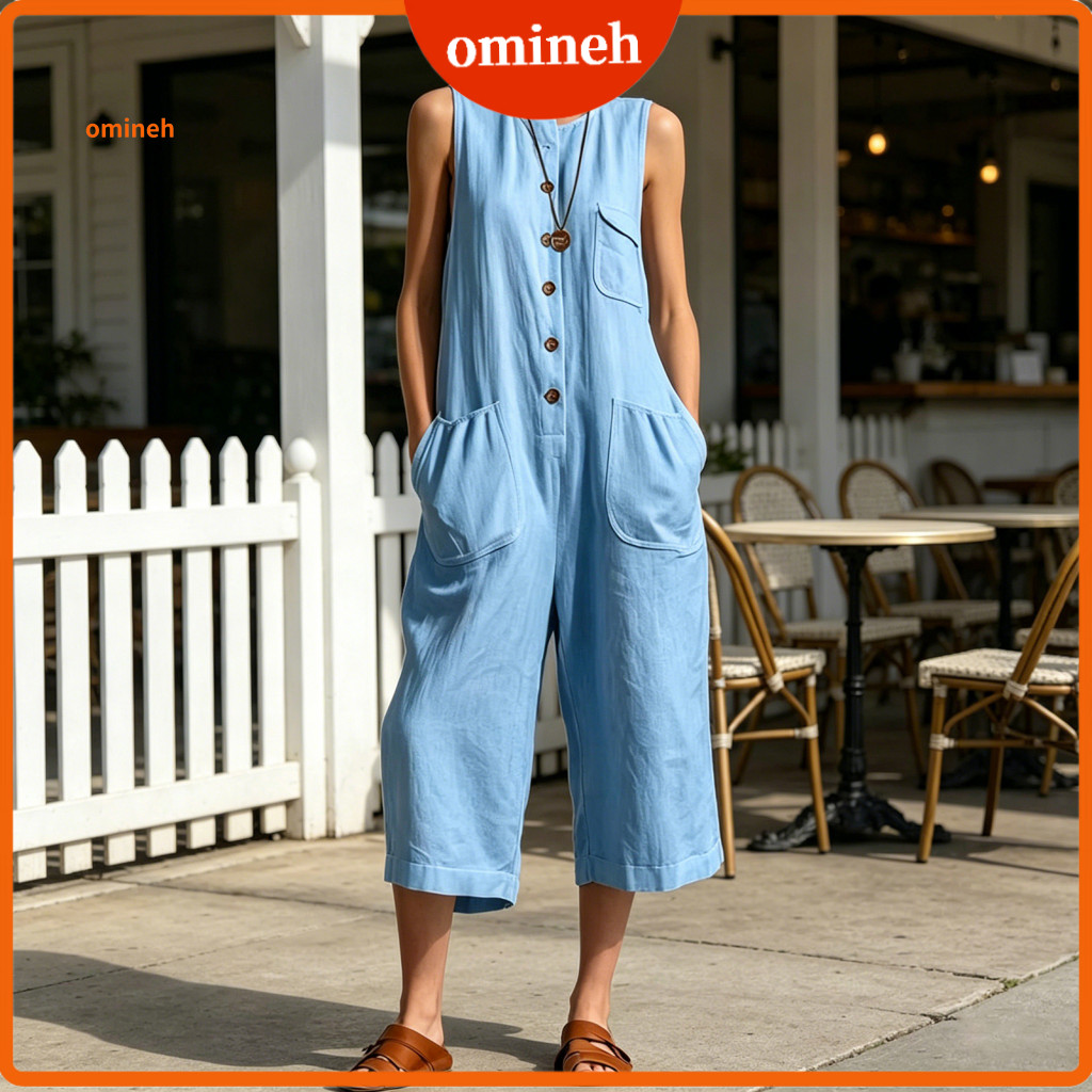 Loose Fit Jumpsuit Women’s Summer Casual Tank – Button-down Cropped Romper Wide-leg Overalls with Pockets Lightweigh