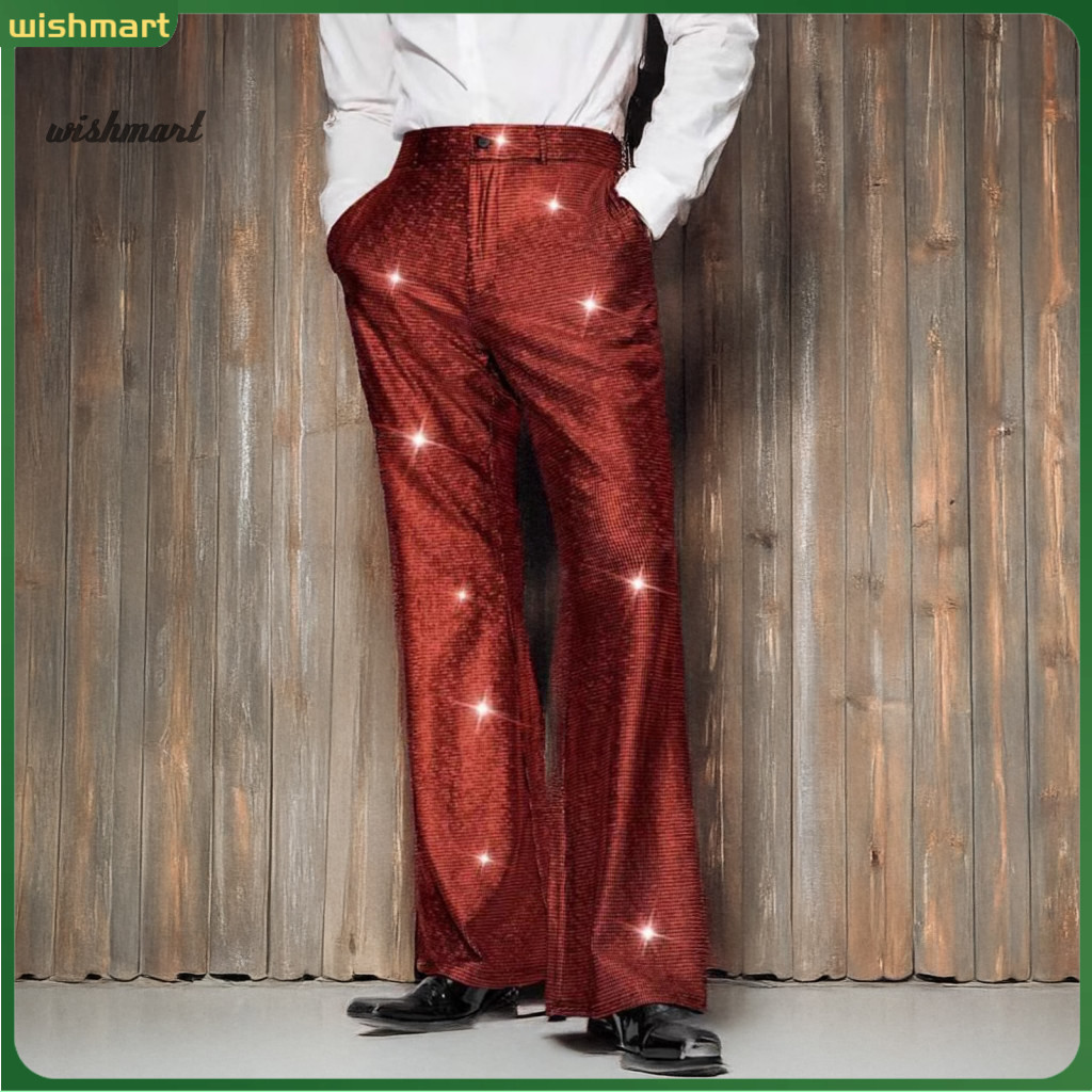 Men Sequin Pants Comfortable Everyday Wear Trousers Men's Shiny Wide Leg Suit with Pockets – Stylish Wedding Nightclub