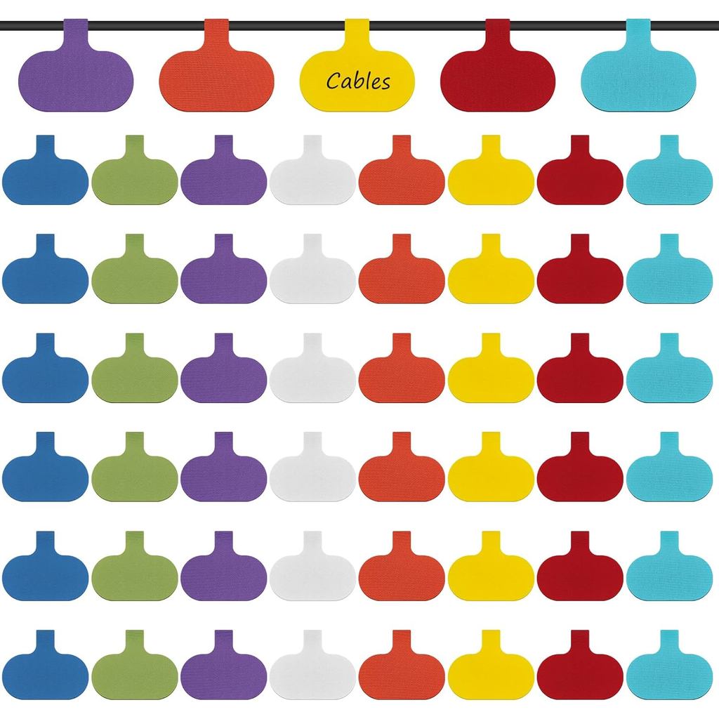 50 PCS Cord Labels for Electronics, 8 Colors Cable Labels Self Adhesive Cable Tags, Reusable Writable Wire Label for Ele