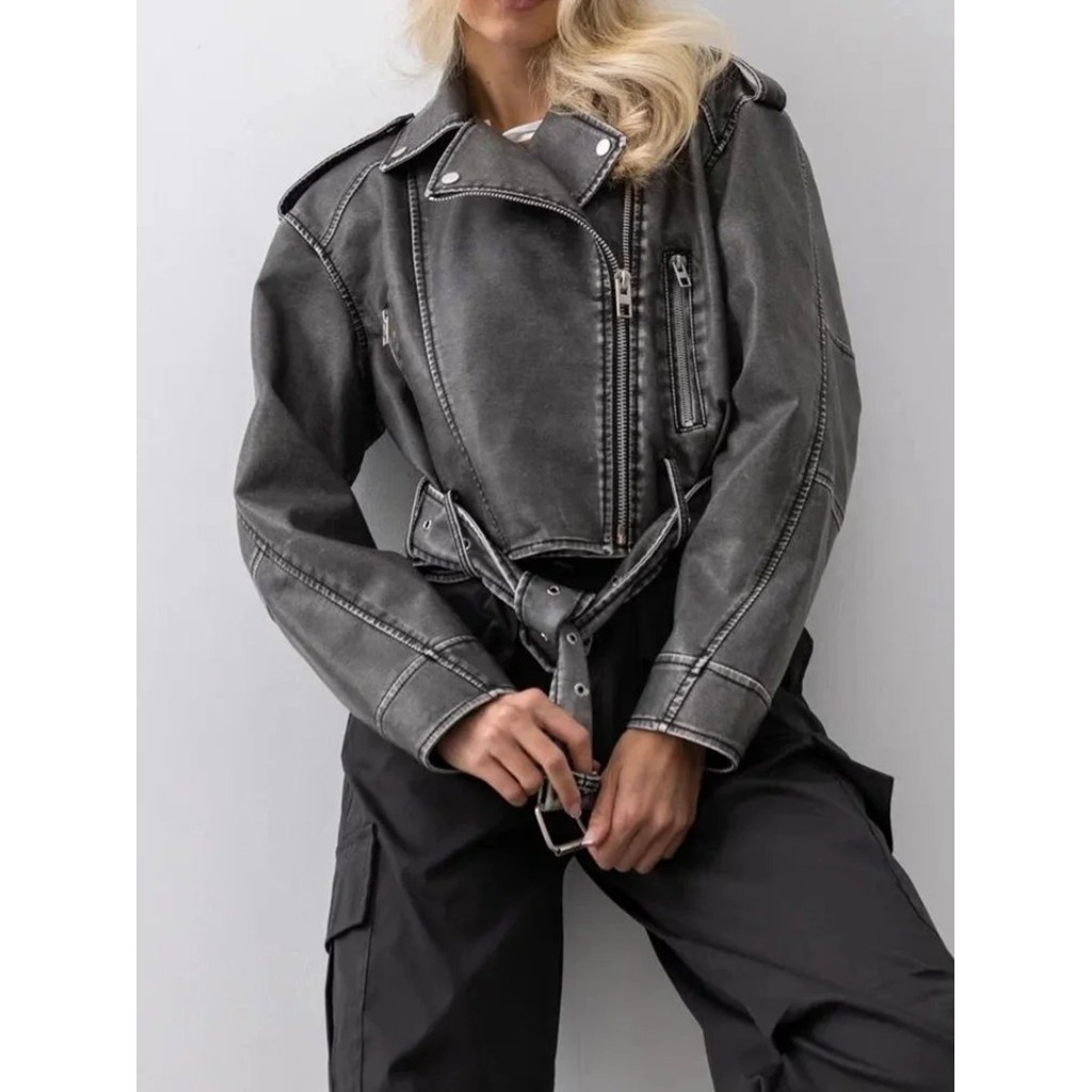 New Vintage Spring Autumn Short Leather Jacket with Belt for Women Streetwear Turn-down Collar Zipper Motorcycle Biker 9