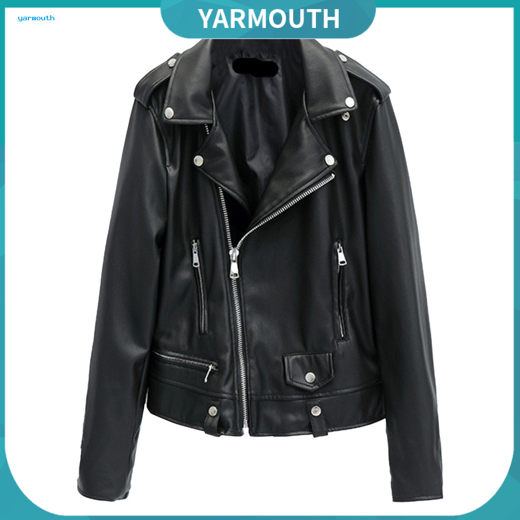Solid Color Women Coat Faux Leather Jacket Women’s Smooth Surface Zip-up Turn-down Collar Long Sleeve Motorcycle Trave