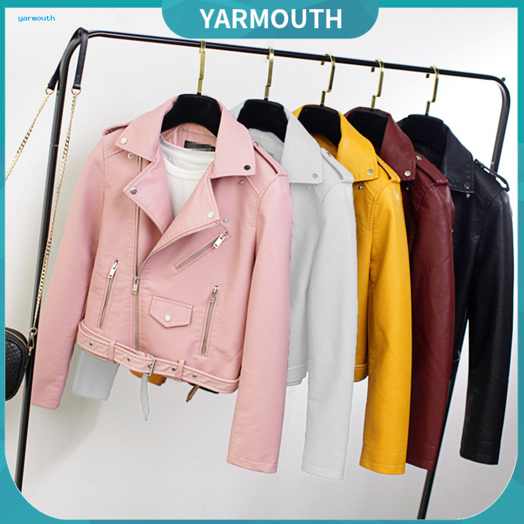 Women Coat Solid Color Jacket Women’s Faux Leather Motorcycle Smooth Surface Turn-down Collar Zip-up Front with Rivet
