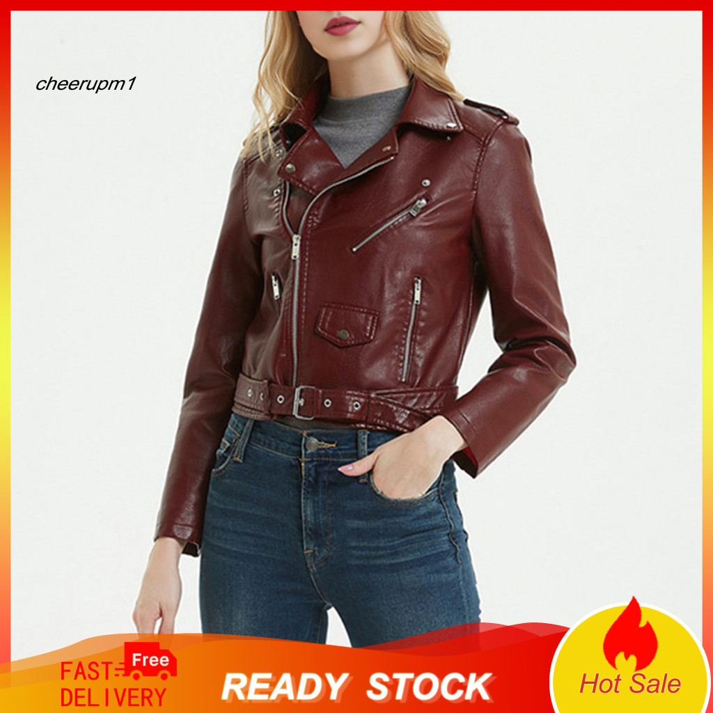 Women Jacket Solid Color Women’s Faux Leather Motorcycle Smooth Surface Turn-down Collar Zip-up Front with Rivet Detai