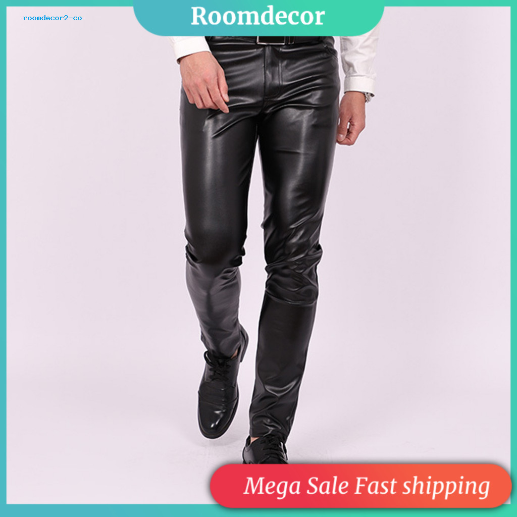 Jacket Pairing Pants Solid Color Biker Men's Faux Leather Slim Fit with Pockets Stretchy Motorcycle Style Trousers for S