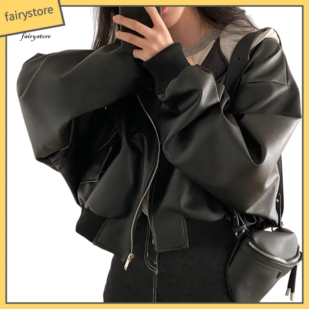 Women Faux Leather Jacket with Hood Motorcycle Style Women’s Zipper Closure Drawstring Waist Elastic Cuffs – Retro f