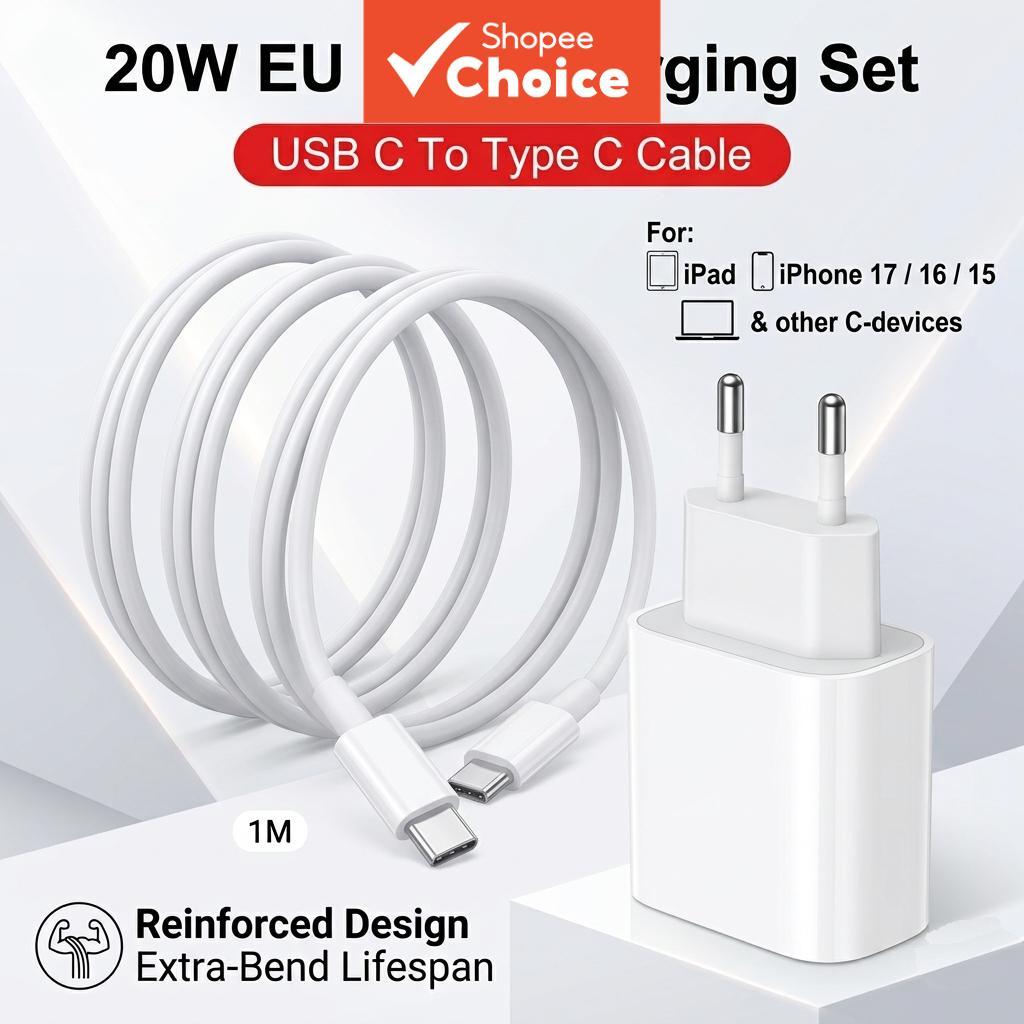 Carregador de Parede Rápido 20 W PD USB-C com Cabo de 1 M para iPhone 6-14 Pro Max X XS 8 Plus iPad