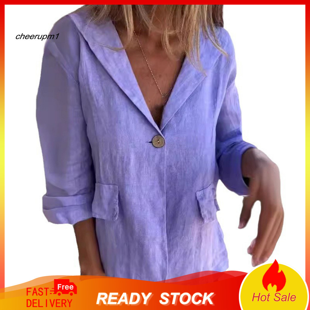 Flap Pockets Suit Jacket Women Coat Women’s Blazer Long Sleeve Lapel with One Button Office Workwear Loose Fit Solid f