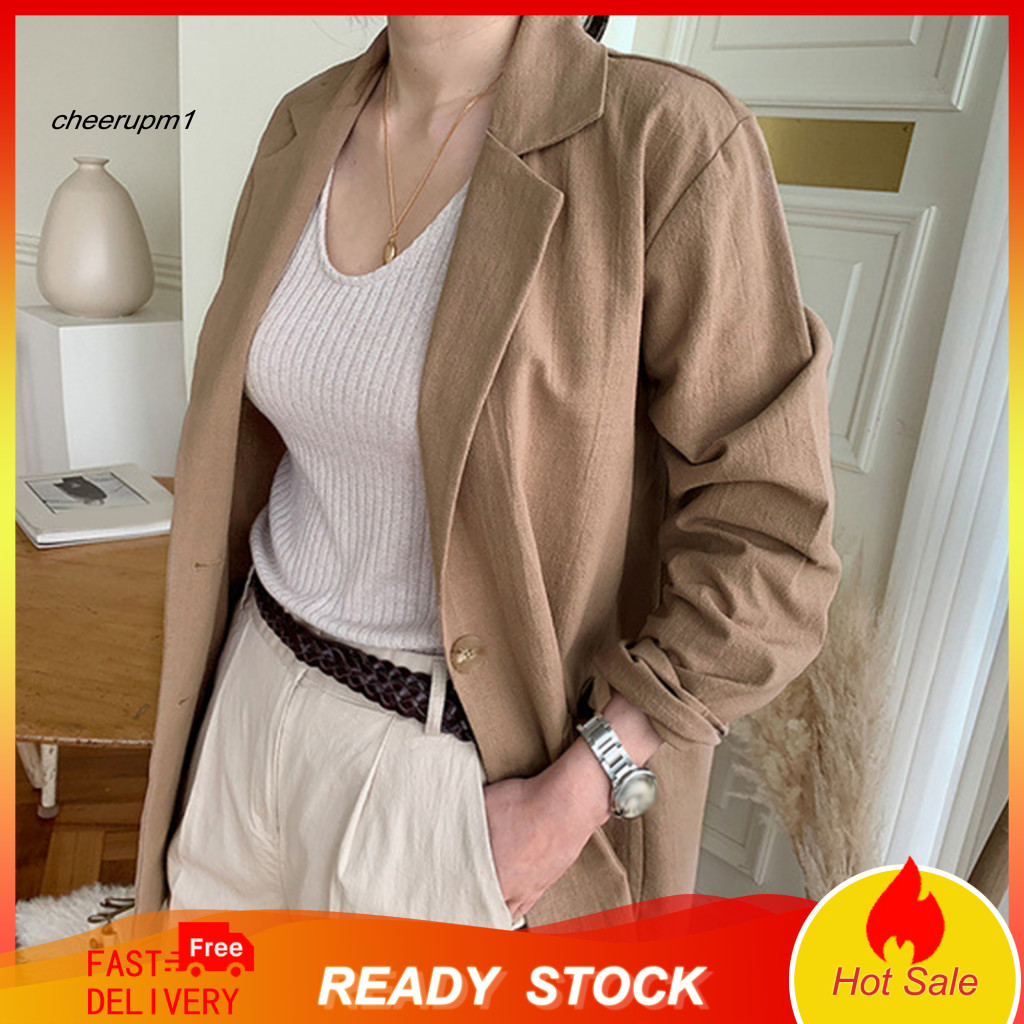 Women Jacket Lapel Soft Cotton Linen Coat for Women’s Blazer One Button Long Sleeve Suit Lightweight Work for Spring S