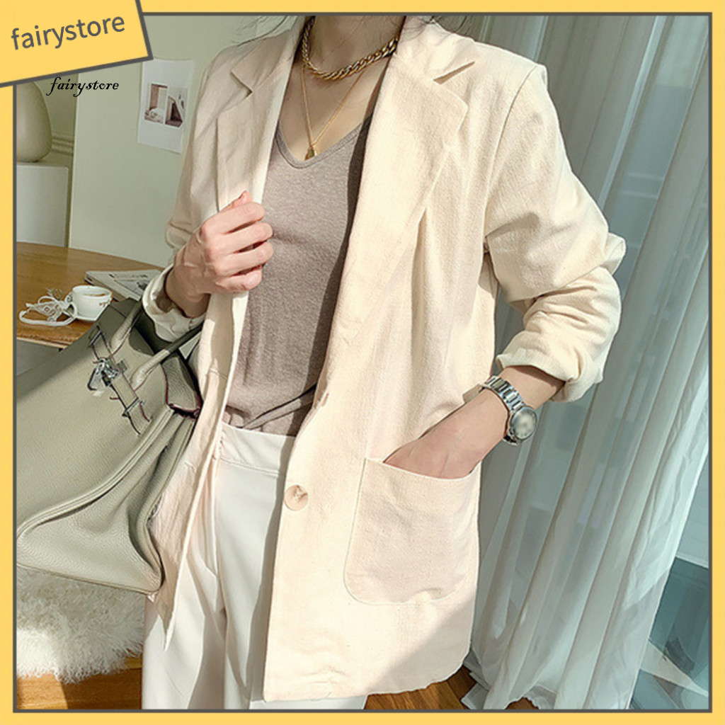 Women Jacket Lapel Versatile Outerwear Women’s Cotton Linen Blazer One Button Long Sleeve Suit Coat Lightweight Work f