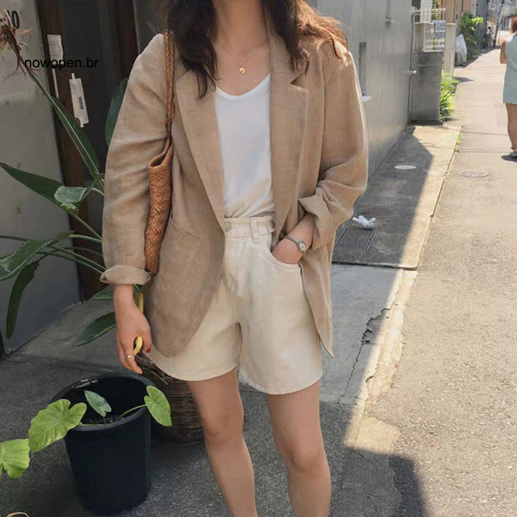Women Jacket Lapel Button-up Women’s Cotton Linen Blazer One Button Long Sleeve Suit Coat Lightweight Work for Spring