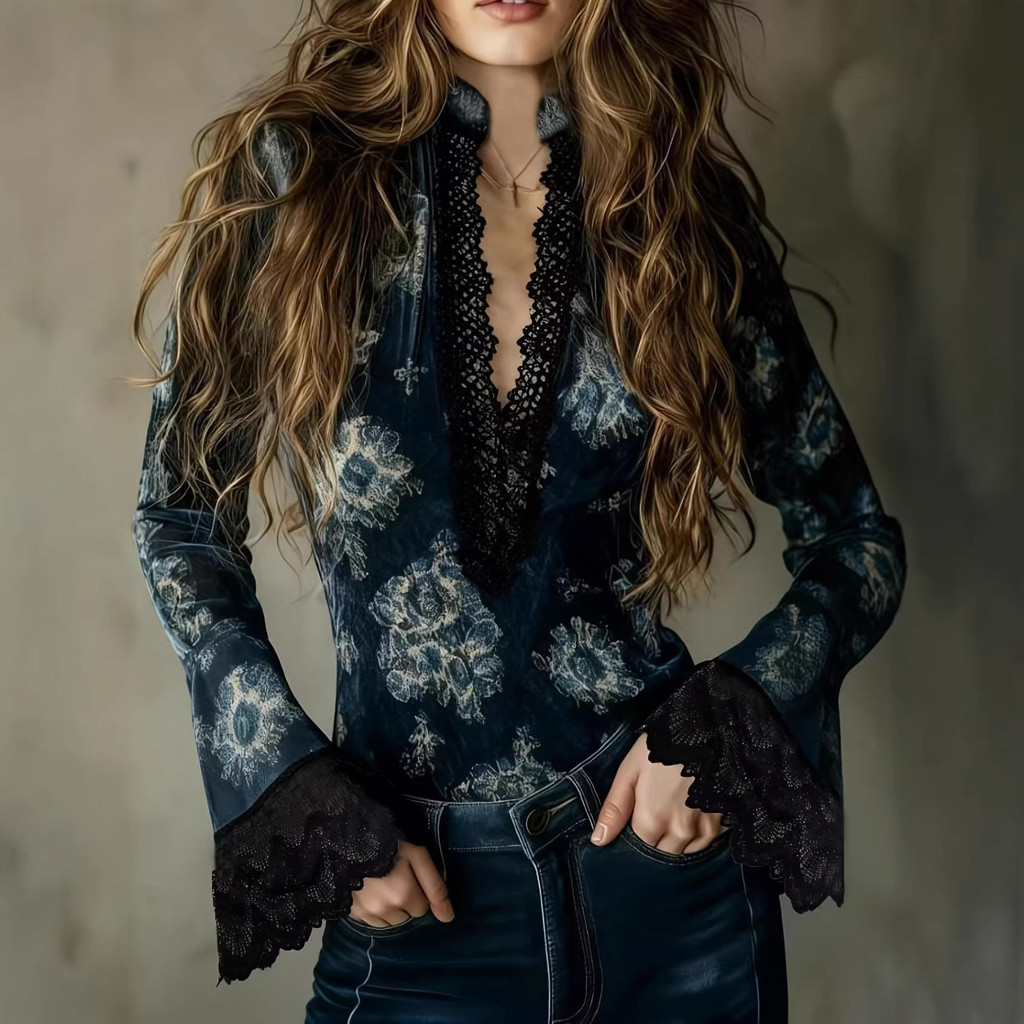 2026 Blusa Slim Fit de Veludo Vintage com Renda e Decote em V Profundo e Manga Sino para E-commerce