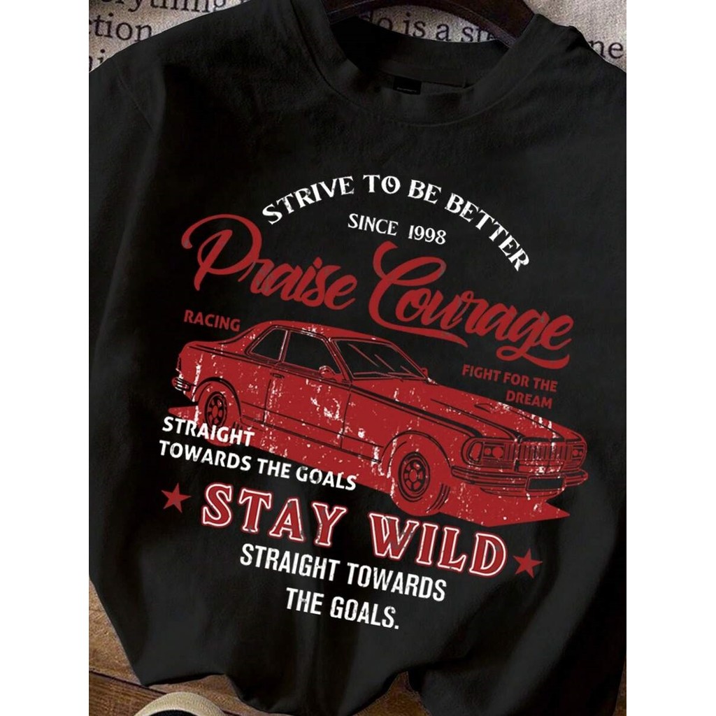 Camiseta Preta de Manga Curta Slim Fit Casual Masculina com Impressão de Carro Vintage e Letra Inglesa