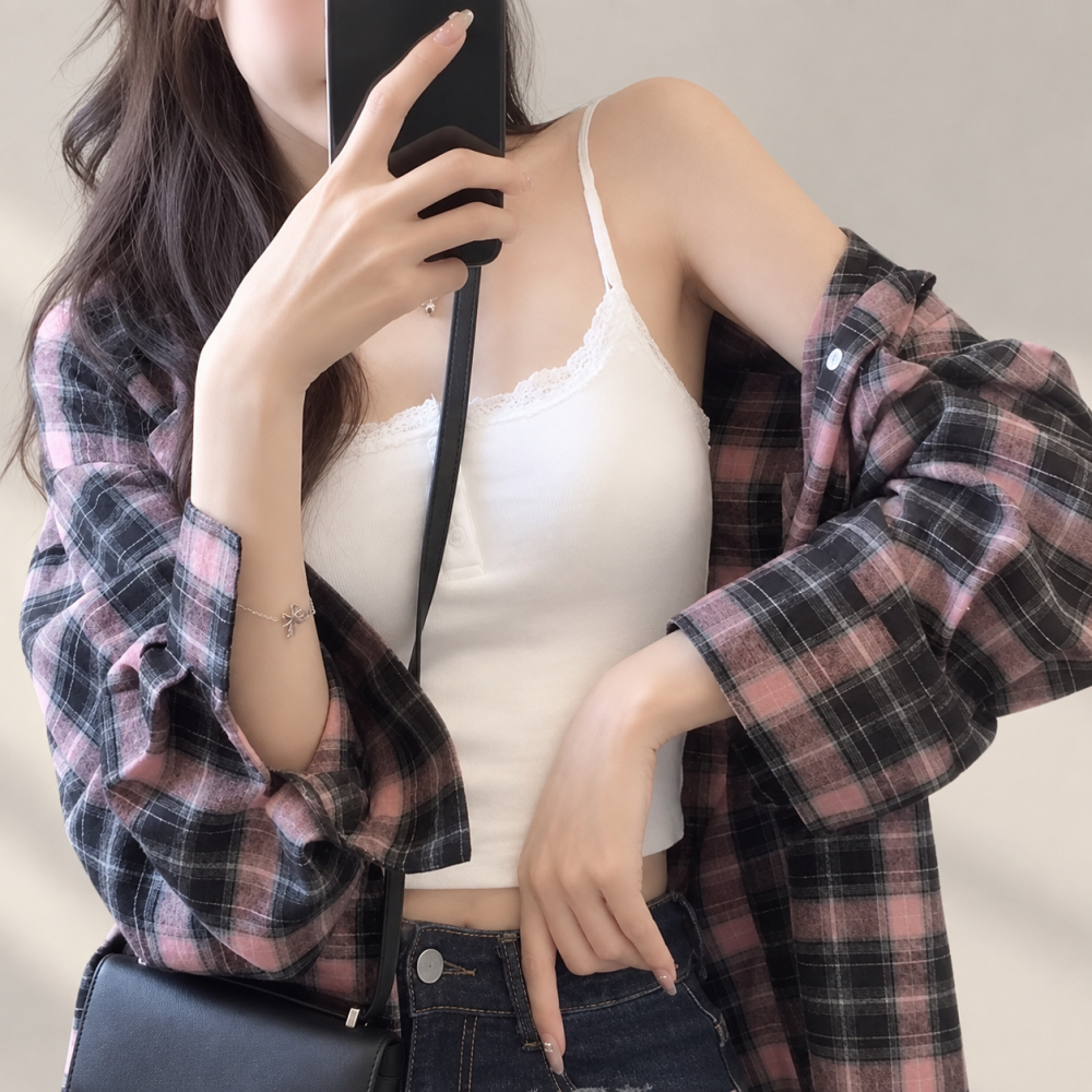 Blusa Cammello Loose Fit Vintage Check Manga Longa-Rosa Preto | Vestuário De Moda Oversized Casual Diário Em Camadas Tra