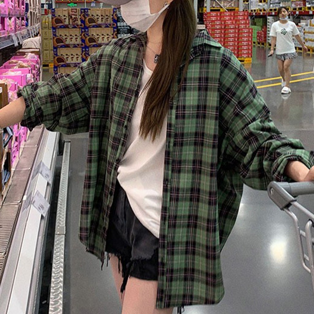 Blusa Cammello Loose Fit Vintage Check Manga Longa-Verde | Vestuário De Moda Oversized Casual Diário Em Camadas Transici