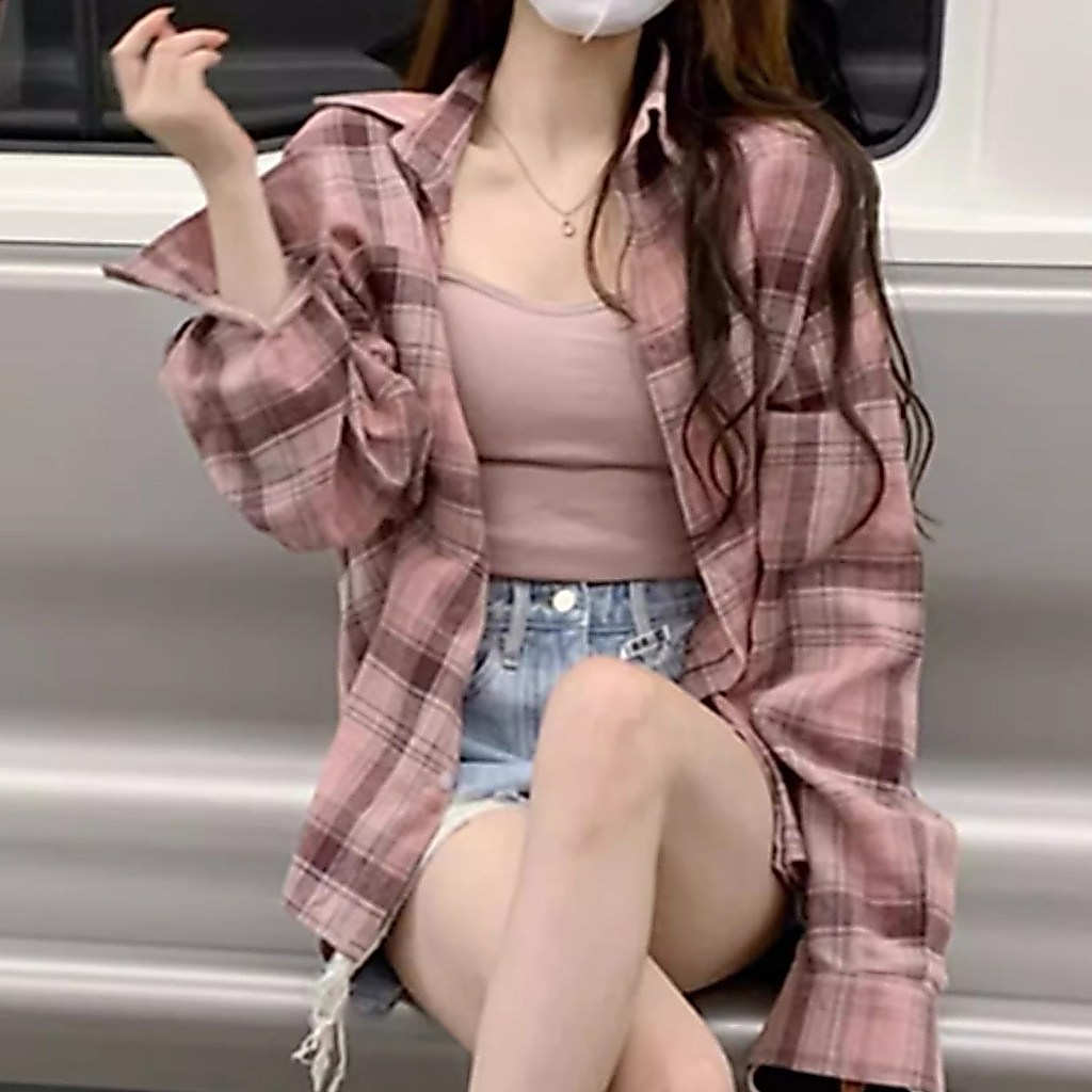 Blusa Cammello Loose Fit Vintage Check Manga Longa-Rosa Cinza | Vestuário De Moda Oversized Casual Diário Em Camadas Tra