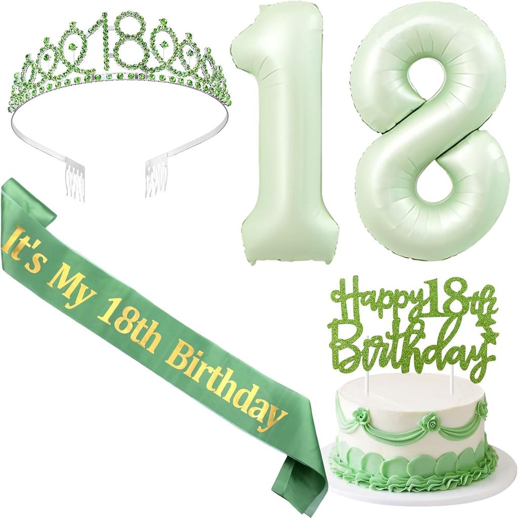 18th Birthday Decorations for Girls Sage Green, Including Happy 18th Birthday Sash and Tiara, Glitter Cake Topper and Nu