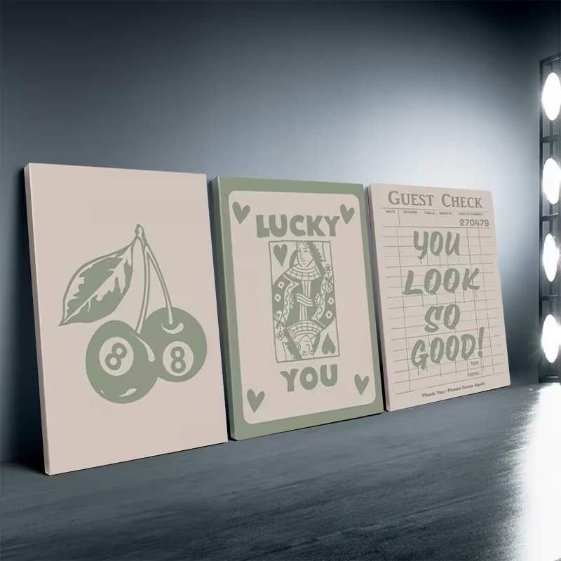 Kit 3 Quadros Decorativos Sage Green Cereja Bola 8 Lucky You Guest Check Aesthetic Quarto